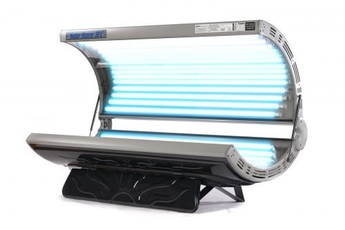 Solar Storm 32C, 32 Lamp Commercial Tanning Bed, angled, open