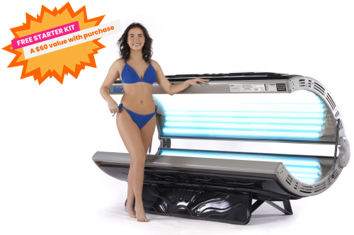 Solar Storm 32C, 32 Lamp Commercial Tanning Bed, angled, open, with model standing