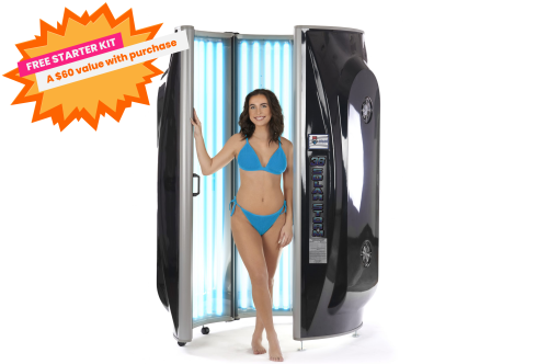 Solar Storm 36ST Commercial Vertical Tanning Bed, with 36 Lamps, open, with model