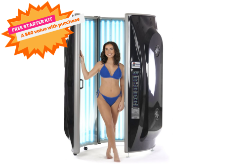 Solar Storm 48ST Commercial Vertical Tanning Bed, with 48 Lamps, opened with model