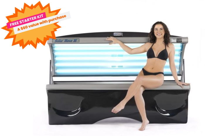 Solar Wave 16 Deluxe Tanning Bed with 16 Lamps open with model seated