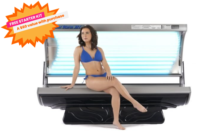 Solar Storm 32C, 32 Lamp Commercial Tanning Bed, open, with model seated