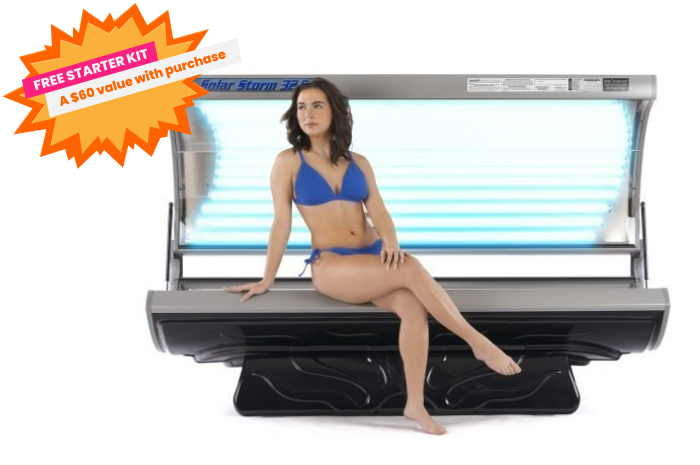 Solar Wave 32S Tanning Bed with 32 Lamps open with model